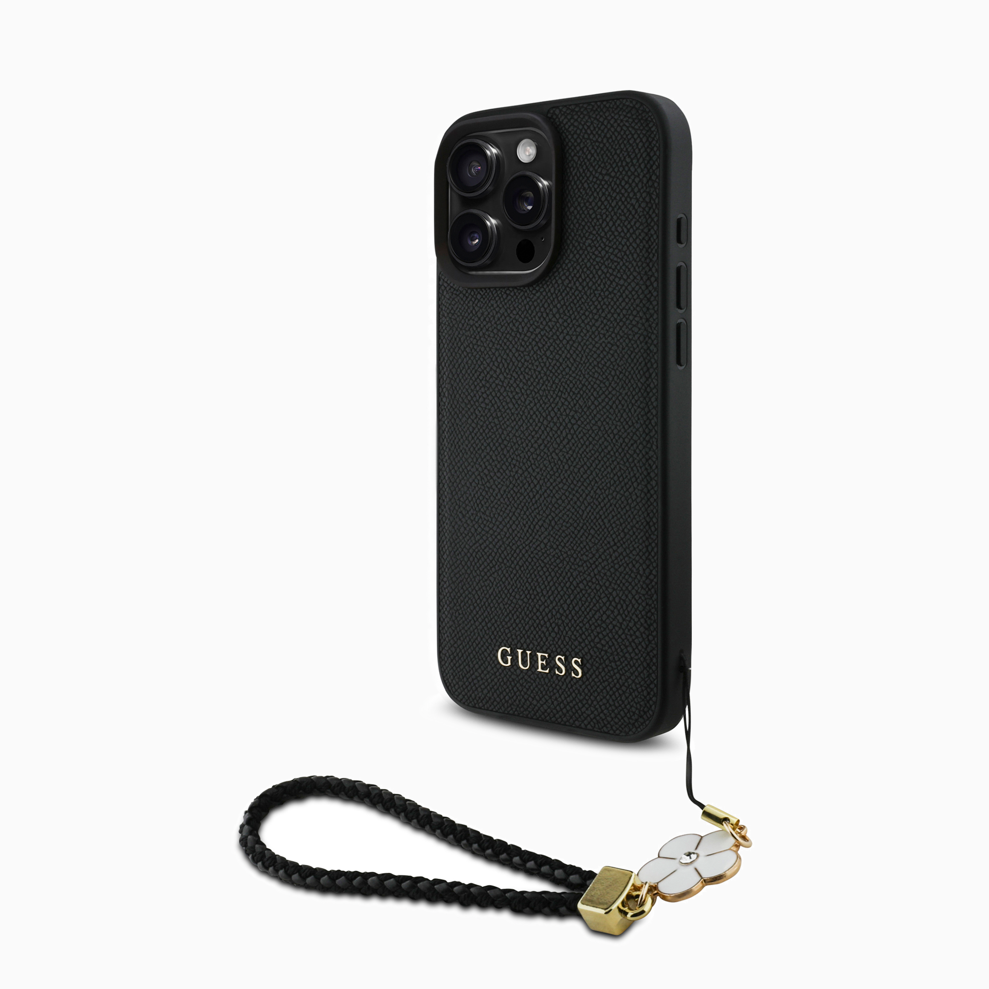GUESS PUケース フラワーチャーム付き ブラック