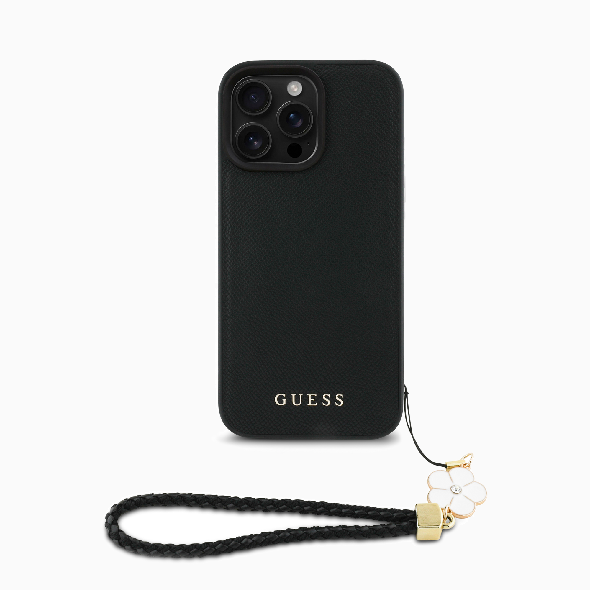 GUESS PUケース フラワーチャーム付き ブラック