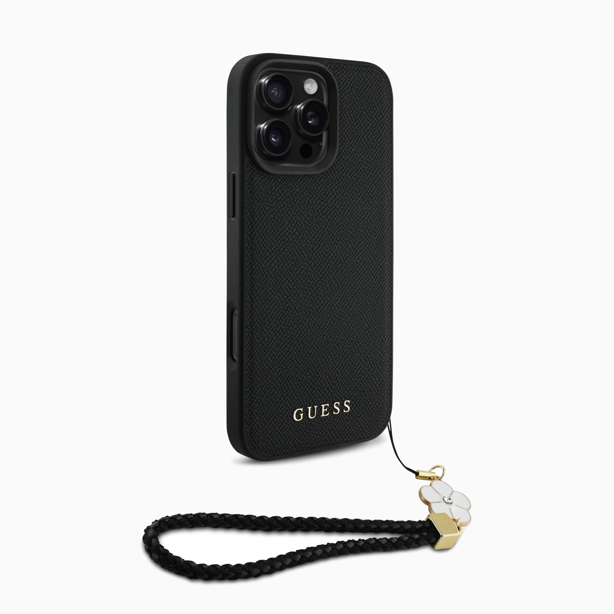 GUESS PUケース フラワーチャーム付き ブラック